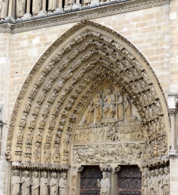 Sanat ve oymalar Notre Dame Katedrali, Paris, Fransa, yakın çekim