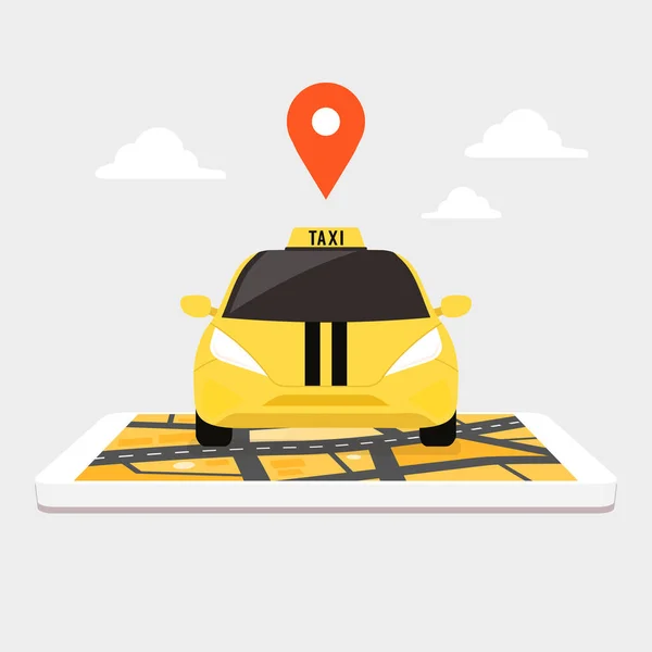画面上の都市マップと巨大なスマートフォン上のタクシー 道路上の位置ピン付きタクシーオンライン注文 — ストックベクタ