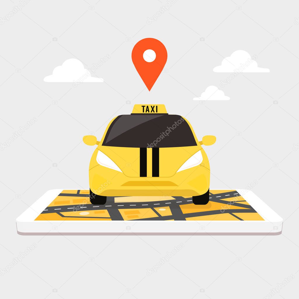 Taxi on giant smartphone with city map on screen. Taxi with location pin on road online ordering.