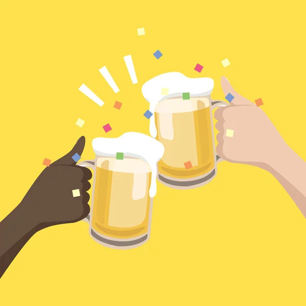 Mãos Pretas Brancas Segurando Copos Cerveja Para Celebrar Juntos —  Vetores de Stock