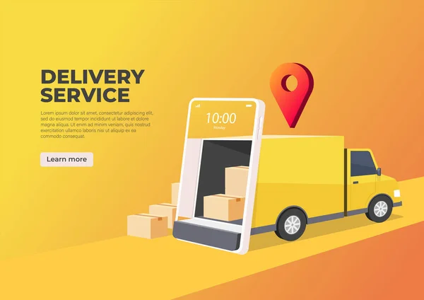 Camionul Livrare Deschide Ușa Ecranul Telefonului Mobil Banner Servicii Livrare — Vector de stoc