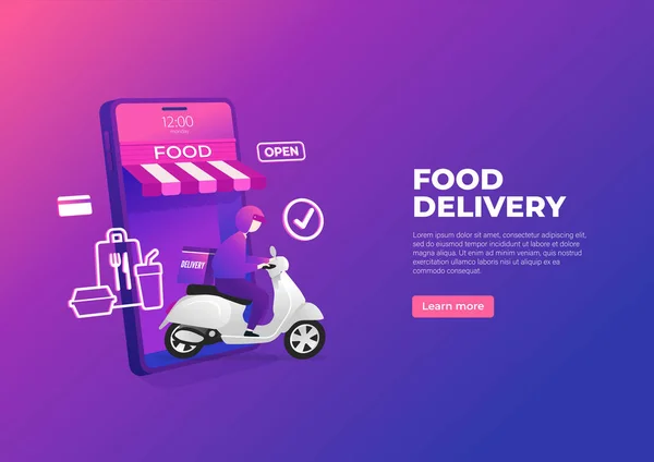 Essenslieferservice Motorroller Auf Handy Banner Online Lebensmittel Auf Dem Smartphone — Stockvektor