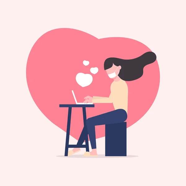 Woman Using Laptop Online Communication Romantic Dating Valentine Day Celebration — Stock Vector