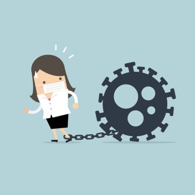 İş kadını, koronavirüsle zincirlenmiş. COVID-19 Corona virüsünün iş kadını kavramına etkisi.