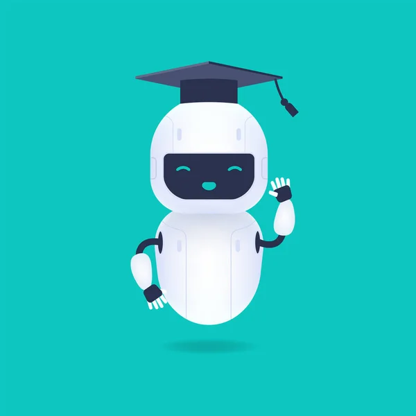 白色友好的机器人角色 戴著毕业帽的Ai机器人 带着可爱的微笑毕业 机器学习概念 — 图库矢量图片
