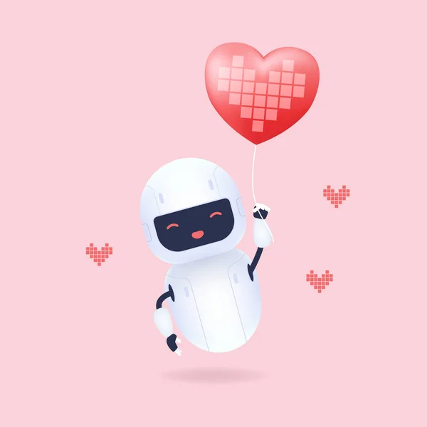 Λευκό Φιλικό Ρομπότ Κρατώντας Μπαλόνι Σχήμα Καρδιάς — Διανυσματικό Αρχείο