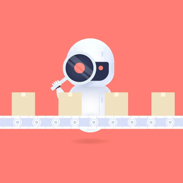 Robot Bianco Amichevole Guardando Attraverso Lente Ingrandimento Controllare Controllo Qualità — Vettoriale Stock
