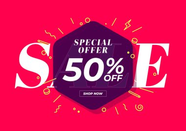 Özel fiyat% 50 indirimli. Kırmızı arkaplan özel teklifi ve tanıtım şablonu tasarımı.