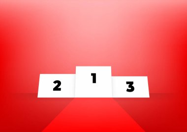 Kırmızı zemin üzerinde beyaz kazananlar podyumu.