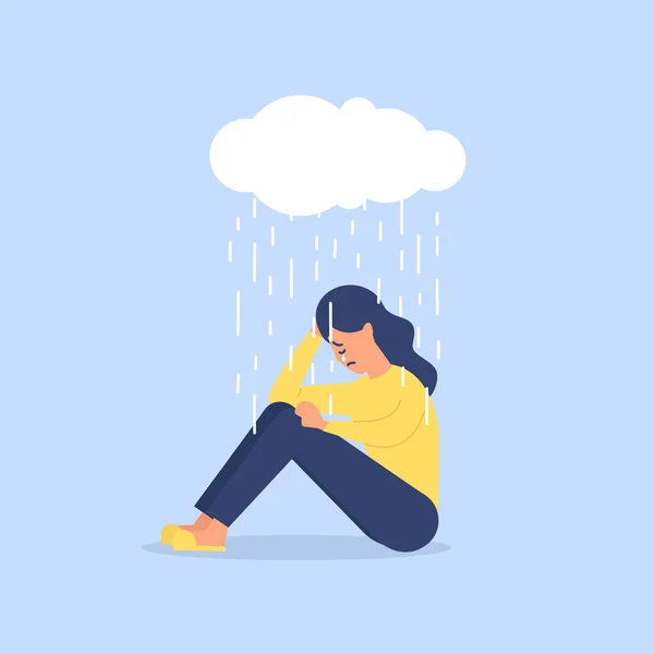 Young Woman Sitting Rain Depression Concept Depressed Unhappy Girl Woman — Stock Vector