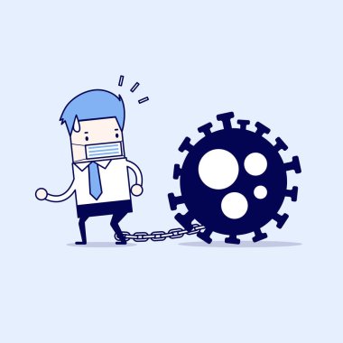 İş adamı koronavirüsle zincirlenmiş. COVID-19 Corona virüsü iş adamı konseptine etki ediyor. Çizgi karakter ince çizgi biçimi vektörü.