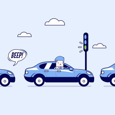 Trafik sıkışıklığı olan bir iş adamı, yeşil trafik ışığı, korna çal. Çizgi karakter ince çizgi biçimi vektörü.