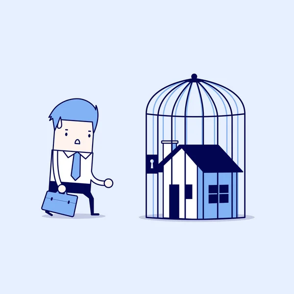 Homme Affaires Avec Maison Verrouillée Intérieur Cage Verrouillage Maison Cartoon — Image vectorielle