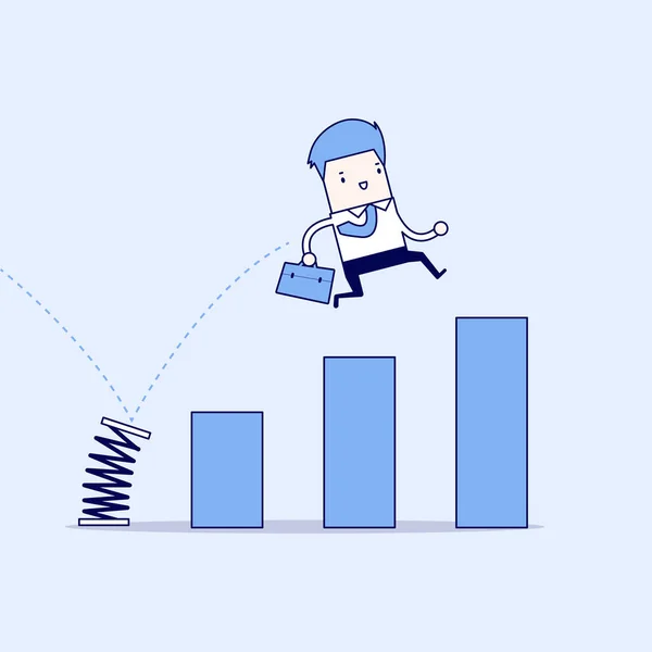 Zakenman Springen Voorjaar Groeiende Staafdiagram Groei Voor Het Bedrijfsleven Cartoon — Stockvector