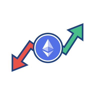 Ethereum yukarı ve aşağı ok. Kripto para birimi krizi konsepti. Dijital para birimi riski.