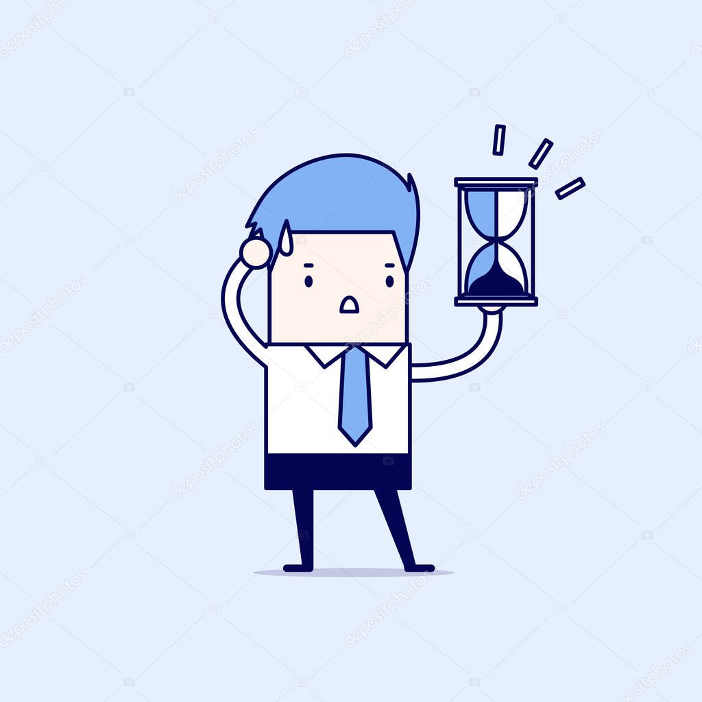 Businessman holding sandglass or hourglass, looking and realise it's nearly time up or deadline. Cartoon character thin line style vector.
