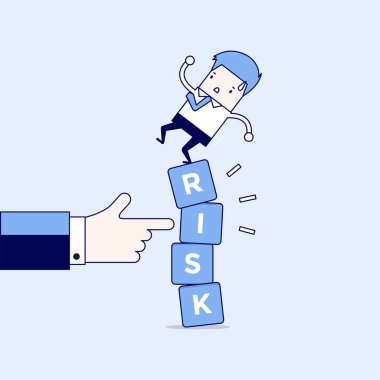İşadamı, yöneticinin eliyle sallantıda olan risk blokları üzerinde duruyor. Çizgi karakter ince çizgi biçimi vektörü.