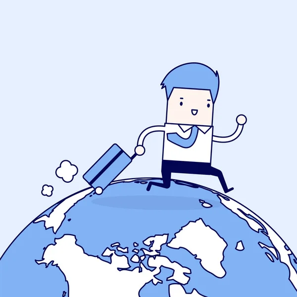 Zakenman Met Koffer Die Wereld Rondloopt Cartoon Karakter Dunne Lijn — Stockvector