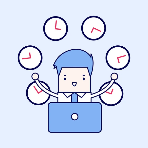 Businessman Working Many Clocks Cartoon Character Thin Line Style Vector — Stock Vector