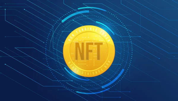 Moneda Oro Nft Token Fungible Sobre Fondo Azul Oscuro Paga — Vector de stock