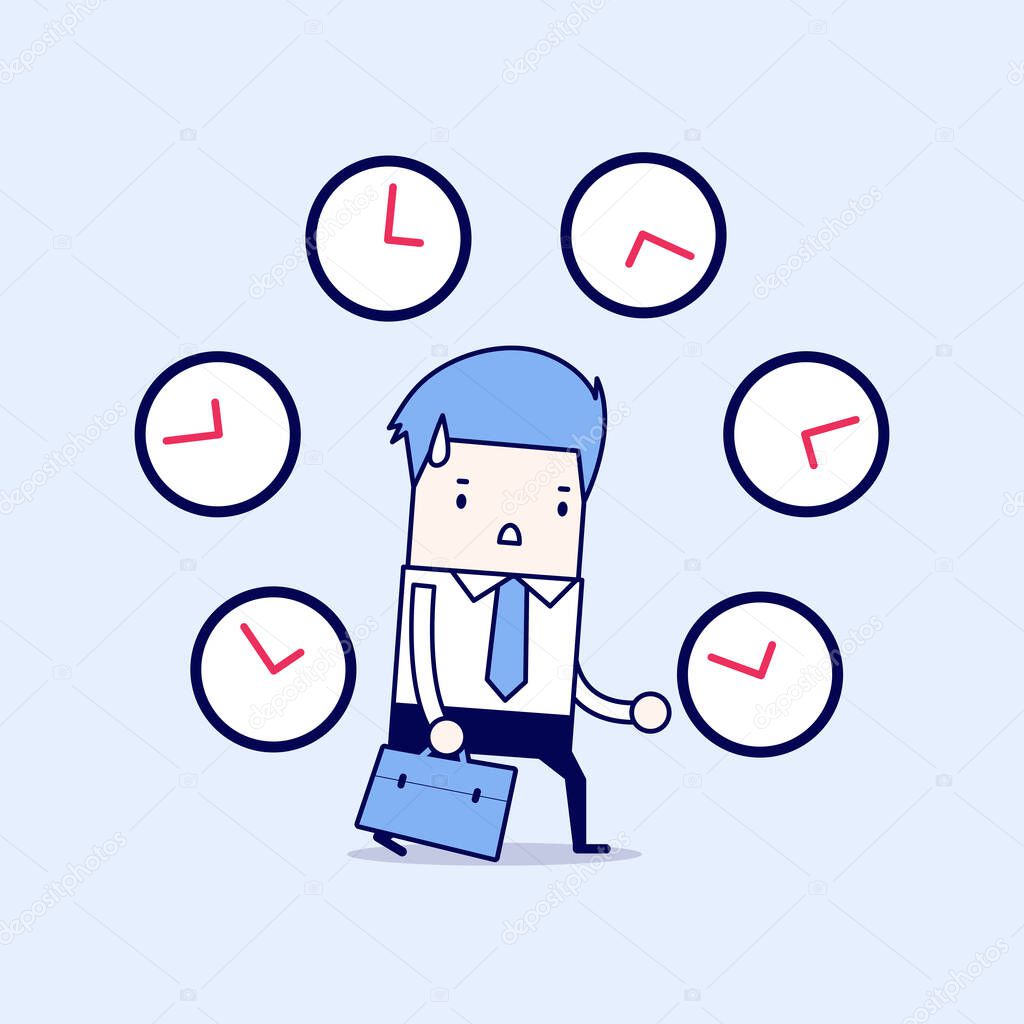 Businessman with many clocks. Cartoon character thin line style vector.