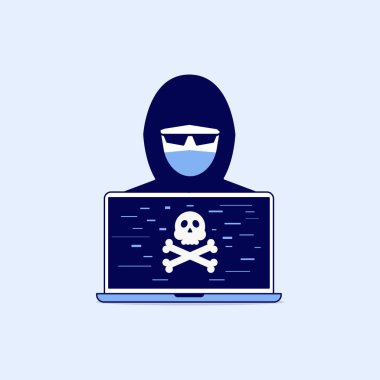 Bilgisayar satırı simgesi tasarımında hacker ve kafatası ekranı.