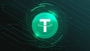 Şifreli döviz temalı pankartıyla para bağla. Modern neon renk arkaplanındaki bağlantı ya da USDT simgesi. Kripto para birimi engelleme teknolojisi, dijital FIAT veya takas konsepti.