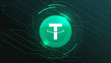 Tether coin with crypto currency themed banner. Tether or USDT icon on modern neon color background. Cryptocurrency Blockchain technology, digital FIAT or trade exchange concept. clipart
