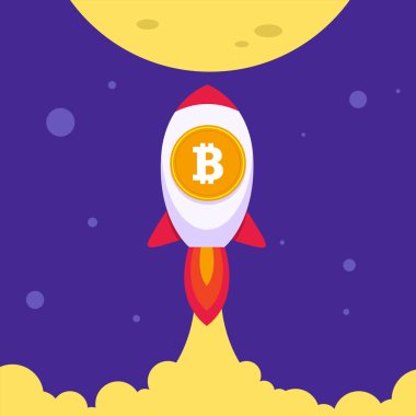Bitcoin (BTC) roket atar, kripto para birimi kavramı. Bitcoin aya uçtu..