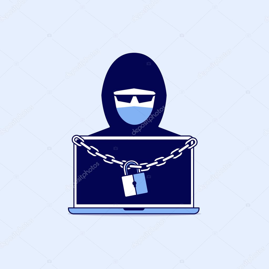 Hacker with laptop information locked with chain and padlock. Ransomware line icon design.