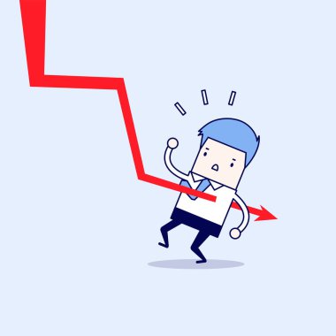 Grafik aşağı, iş adamına düştü. Çizgi karakter ince çizgi biçimi vektörü.