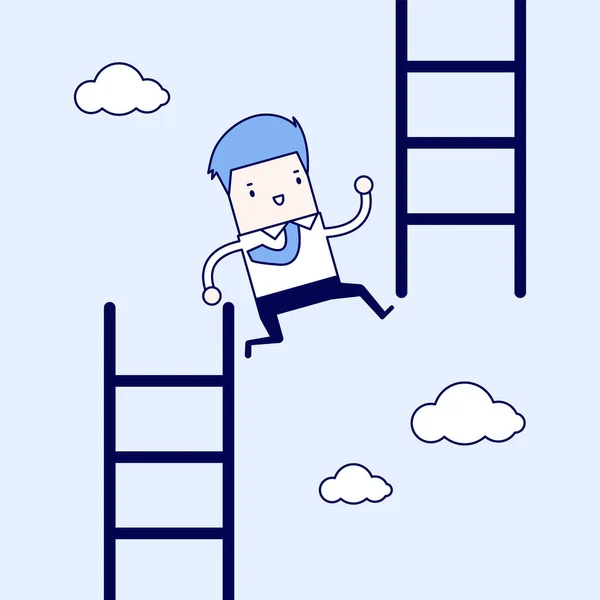 Businessman Jump Low Stair High Stair Cartoon Character Thin Line — Stock Vector