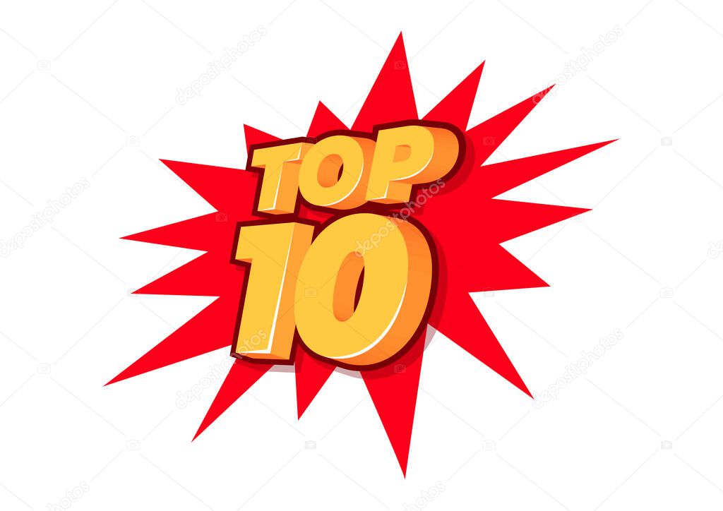 Top 10. Best ten list. 3D orange word on red background.