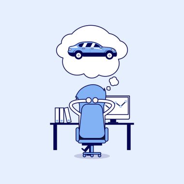 İş adamı yeni bir araba hayal ediyor. Çizgi karakter ince çizgi biçimi vektörü.