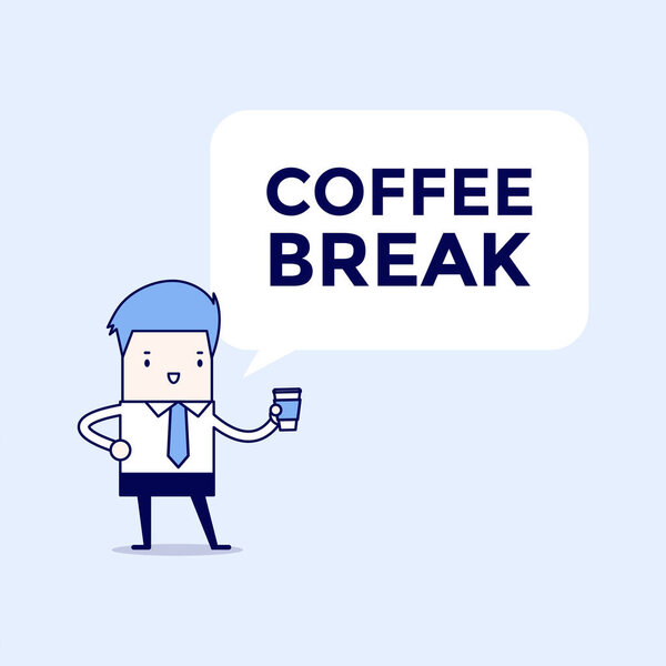 Businessman coffee break. Cartoon character thin line style vector.