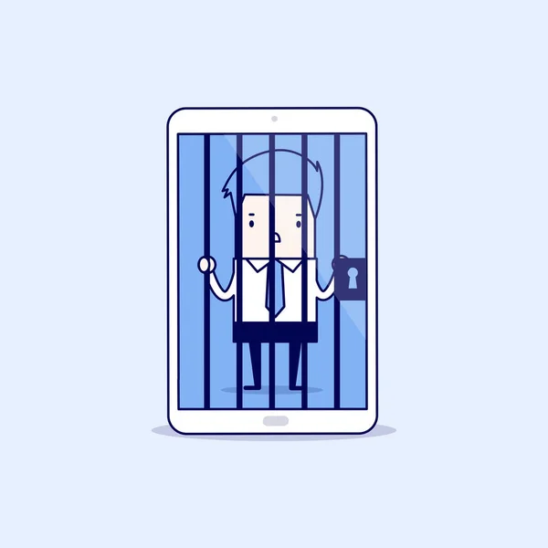 Homme Affaires Enfermé Dans Smartphone Cartoon Caractère Mince Ligne Style — Image vectorielle