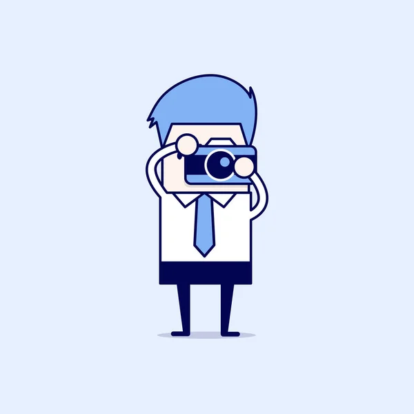 Empresário Tira Uma Foto Com Câmera Personagem Desenhos Animados Vetor — Vetor de Stock