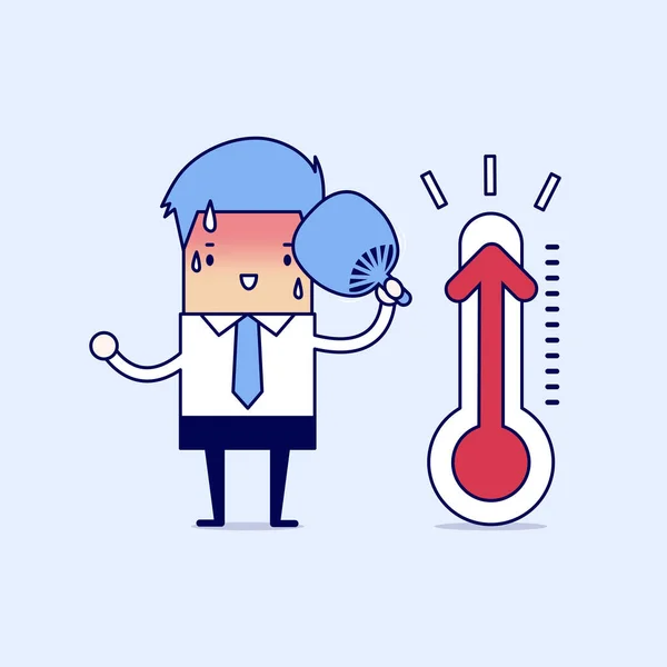 Empresario Muy Caliente Porque Aumenta Temperatura Caricatura Carácter Delgada Línea — Vector de stock