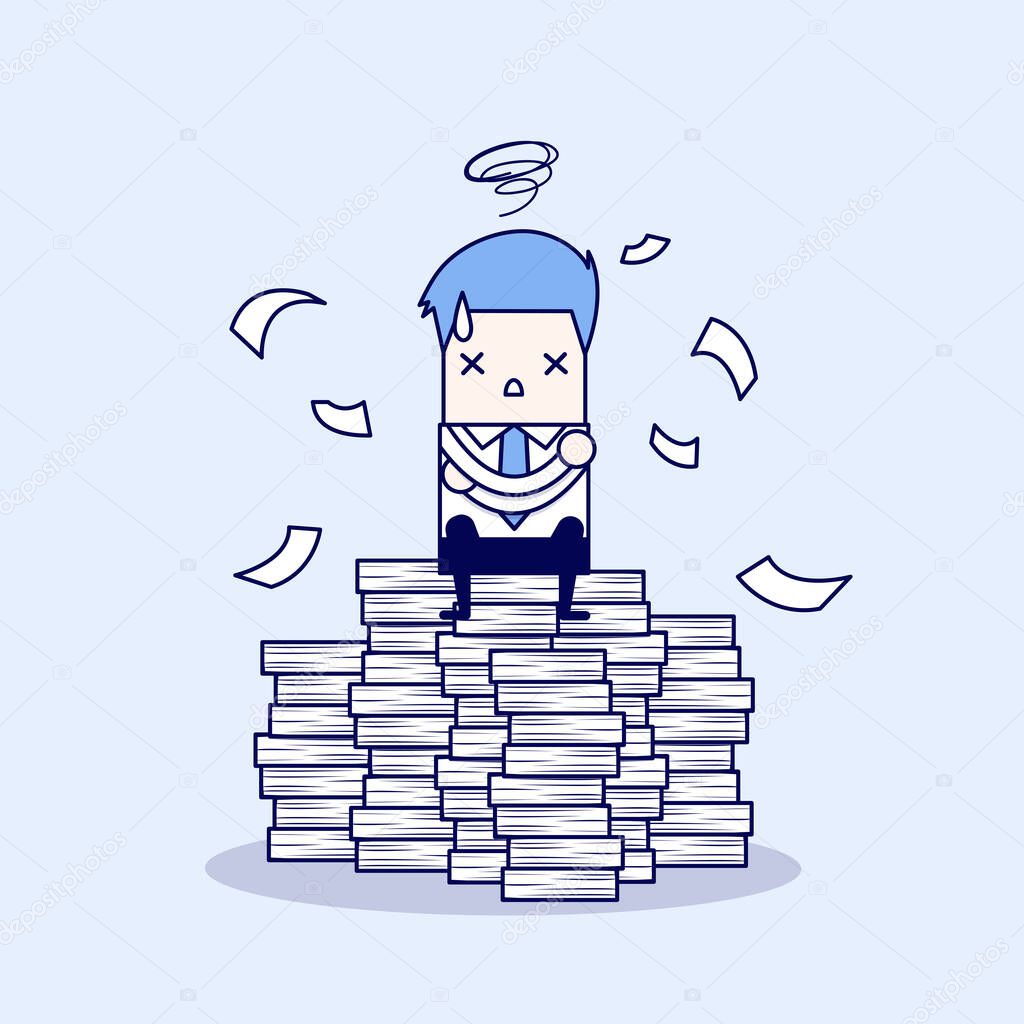 Businessman tried and stressed on paperwork. Cartoon character thin line style vector.