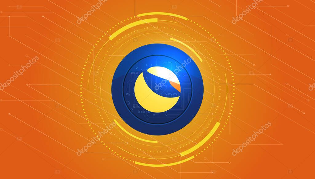 Terra coin (LUNA) with crypto currency themed banner. Terra or LUNA icon on modern neon color background.