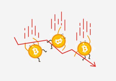 Bitcoin paralarının düşüşü. Kripto para birimi çizgi film kavramı.