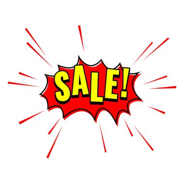 Kırmızı satış etiketi. Pop Art çizgi roman indirimli tanıtım afişi.