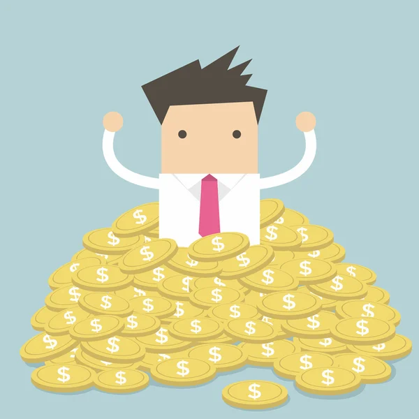 Businessman sitting in a pile of gold coins vector — Stock Vector