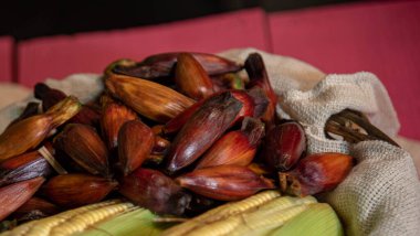 Panoramik manzaralı kırsal ahşap masa yemek ve dolgu malzemeleriyle dolu. Tipik Latin Amerika ve Brezilya yemekleri. Haziran partileri için lezzetler.