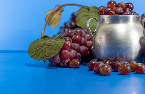 葡萄果 果汁和葡萄酒的配料 在铝制容器中的葡萄浆果 蓝色背景 人类食物 — 图库照片