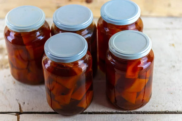 Gafas Mermelada Con Mermelada Calabaza Casera Sobre Fondo Madera Deliciosa — Foto de Stock