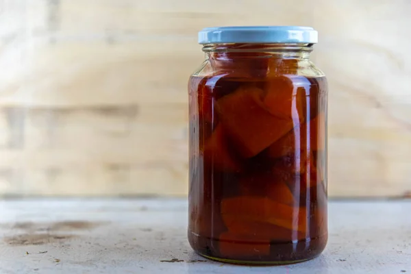 Marmeladengläser Mit Hausgemachter Kürbismarmelade Auf Holzgrund Köstliche Und Schmackhafte Kürbismarmelade — Stockfoto