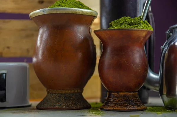Utensils for the consumption of traditional yerba mate tea from South America called chimarrao in Brazil. Chimarro, or mate herb, is a South American drink left by indigenous cultures.