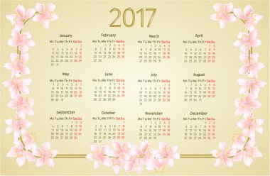 Sakura çiçek vintage vektör ile takvim 2017