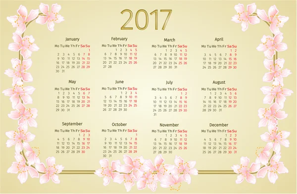 Kalender 2017 mit Sakura Blumen Vektor — Stockvektor